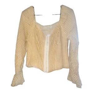 Womens XL Mustard Houndstooth Long Sleeve Hook Eye Corset Crop Top Blouse